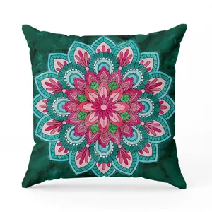 Detail view of a boho mandala throw pillow cover with vibrant pink and green floral patterns.