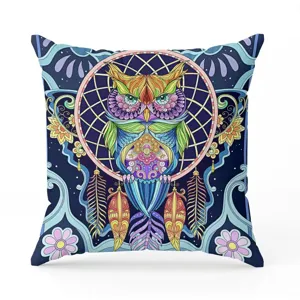 Bohemian owl dreamcatcher pillow cover, decorative cotton linen square cushion for sofa bedroom.