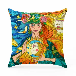 Bohemian style cushion cover with vibrant artistic sun and moon illustration for home decor.