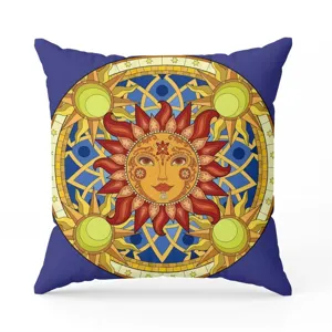 Bohemian mandala sun throw pillow cover detail, stained glass celestial sun motif pattern.