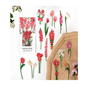 Floral PET sticker pack set, cute pink botanical journaling deco stickers for crafts.