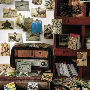 Vintage washi sticker book set retro botanical animal material cards for journaling and DIY crafts.