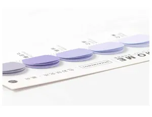Detailed view of the purple sticky notes memo pad showing neat stacks and design card.