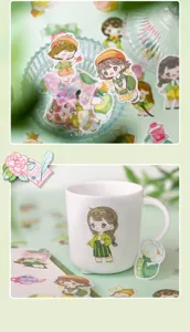 Detailansicht des süßen Anime-Mädchen-Stickerpacks, gestanzte Deko-Tagebuch-DIY-Papeterieartikel.