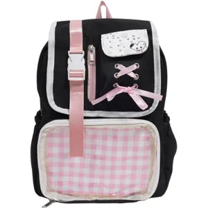Zaino nero kawaii in stile giapponese carino con spallacci rosa e tasca trasparente.