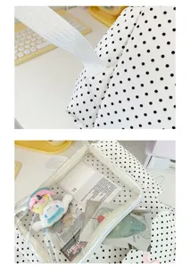 Vista dettagliata dello zaino ita a pois retrò coreano con tasca di visualizzazione trasparente.