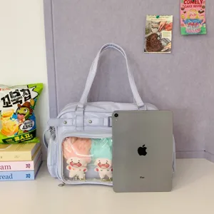 Detailed view of Japanese style ita bag with transparent pocket, large capacity tote for use.