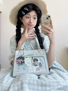 Clear ita bag for women cute light blue transparent cross-body bag anime badge display.