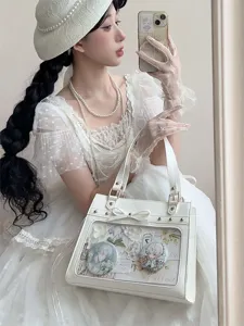 Transparent ita bag for anime badges, white PU leather crossbody bag with clear window display.