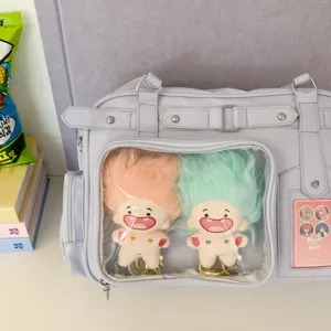 Japanese college style ita bag large capacity tote bag with transparent pocket and plush toys.
