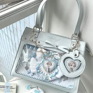 Light blue transparent ita bag for women, cute messenger bag with anime badges and bows.