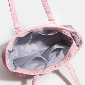 Pink star print canvas tote bag, cute multi-pocket shoulder bag for women and student daily use.