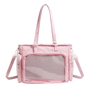 Pink ita bag tote crossbody bag with clear mesh window, star pattern Japanese anime shoulder bag.