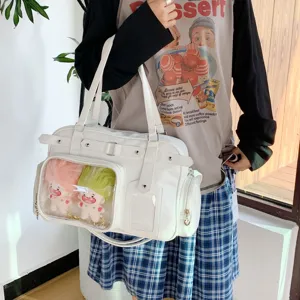 Japanese college style large capacity ita tote bag with clear window and multi pockets for daily use.