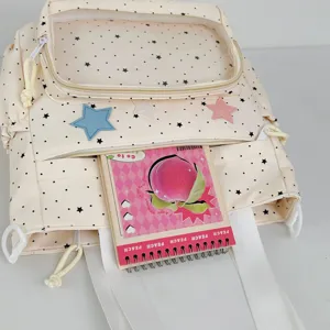Cute Japanese polka dot canvas ita bag with star patches and transparent front display pocket.