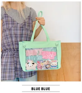 Detail view of cute Japanese aesthetic ita bag with clear window and strap for daily use.