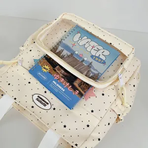 Japanese cute polka dot canvas itabag backpack with clear front window pocket for student.