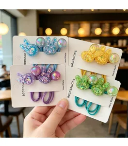 Kids cute glitter rabbit hair ties elastic hair ropes with colorful beads for girls styling.