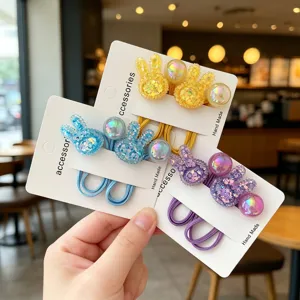 Colorful rabbit hair ties with iridescent beads, high elasticity rubber bands for kids.