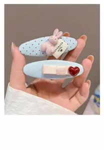 Korean fabric oval BB hair clip with cute polka dot bunny and red heart, sweet girl side hair clip