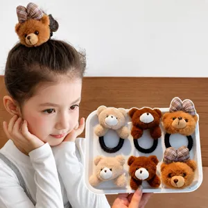 Cute plush bear hair ties for kids, sweet autumn winter plush doll hair rope accessories