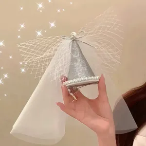 Korean Style Silver Mesh Bow Birthday Hat Hair Clip Women Elegant Party Photo Prop Headwear Fashion Hair Accessories