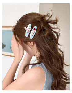 Korean style fabric oval BB hair clip with polka dots and cute bunny heart decoration