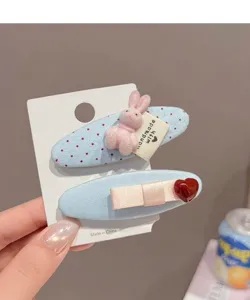 Korean style fabric oval BB hair clips set with cute rabbit and bow design for sweet girls.