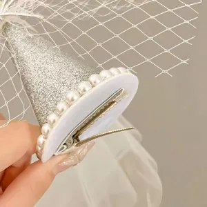 Korean silver glitter mini hat hair clip with pearls and mesh veil for cute party hair styling.