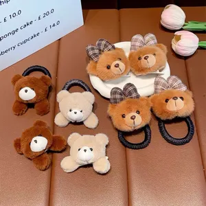 Kids Cute Plush Bear Hair Tie Plaid Bow Children Autumn Winter Hair Rope Sweet Girl Hair Accessories Headwear