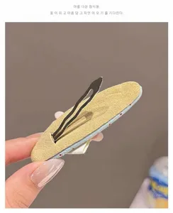Korean style fabric oval BB hair clip back view detail, sweet girl side hair clip accessory.