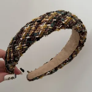 Retro tweed knitted headband for women, wide padded hair hoop, chic autumn winter hair accessories