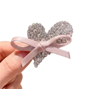 Rhinestone heart hair clip with pink bow sparkle crystal hairpin for cute styling