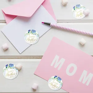 Mother's Day round stickers roll with blue hydrangeas and gold foil design gift labels.