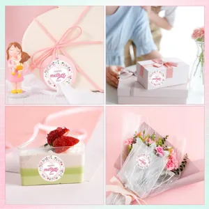 Mother's Day sticker detail showing floral design and application on gift boxes and bouquets.
