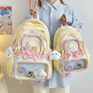 Joli sac à dos ita transparent, grand cartable scolaire étudiant avec poche frontale et nœuds.