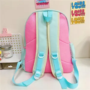 Cute pastel dual-tone backpack school bag with breathable mesh back and adjustable straps.