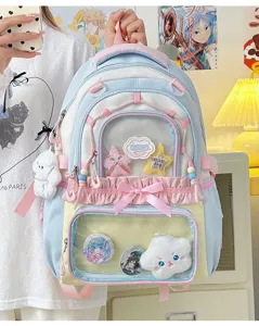 Mignon sac à dos ita pastel bleu rose grande capacité fenêtre transparente cartable