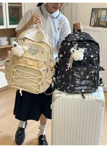 Sac à dos mignon pour étudiant avec imprimé étoiles et poche transparente, grande capacité.