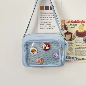 Japanese style canvas ita bag clear window crossbody shoulder bag casual daily use closeup