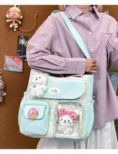 Retro colorblock canvas shoulder bag large capacity cute tote bag with clear window and plush toys