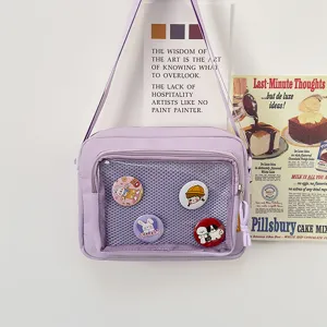 Japanese ins style light purple ita bag transparent mesh pocket crossbody shoulder bag