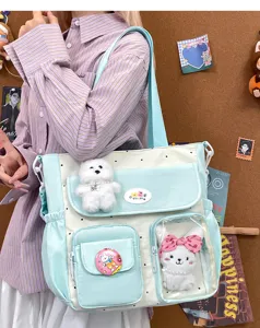 Retro color block canvas tote bag, large capacity shoulder crossbody bag with cute plush charms.