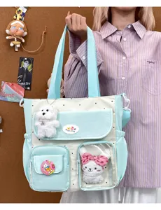 Canvas large capacity shoulder tote bag cute soft girl crossbody bag with transparent pocket