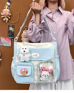 Retro color-block large capacity canvas shoulder bag sweet girl tote bag with cute plushies