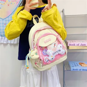 Detail view of cute Japanese ins style ita backpack with transparent window and plush charms.
