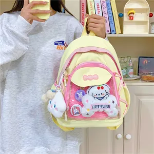 Cute Japanese ins style ita backpack with clear front pocket, pastel yellow canvas school bag.