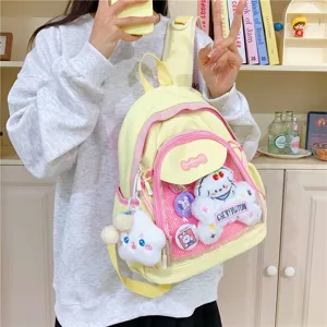 Cute Japanese ins style Ita backpack yellow pink canvas school bag with clear window and plush toy