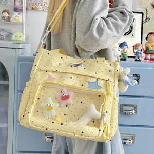 Japanese cute polka dot ita bag with window, large canvas shoulder backpack for students.