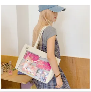 Japanese ins style large capacity transparent window itabag shoulder bag casual canvas tote bag